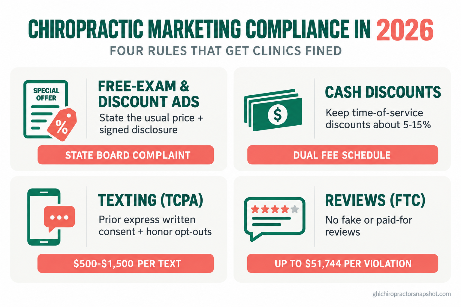 Chiropractic marketing compliance in 2026: a four-part guide covering free-exam ad disclosures, cash-discount limits, TCPA texting consent, and the FTC fake-review rule, with the penalty attached to each.