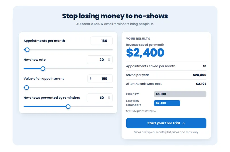 No-show reducer calculator: appointments per month, no-show rate and value of a visit, with the monthly revenue saved