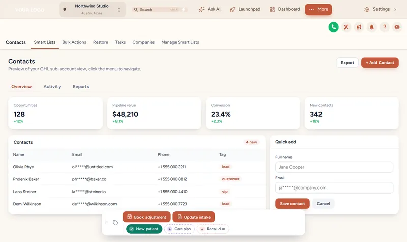 Contact actions bar on a GoHighLevel contact page with clinic quick tags New patient, Care plan and Recall due, plus Book adjustment and Update intake buttons