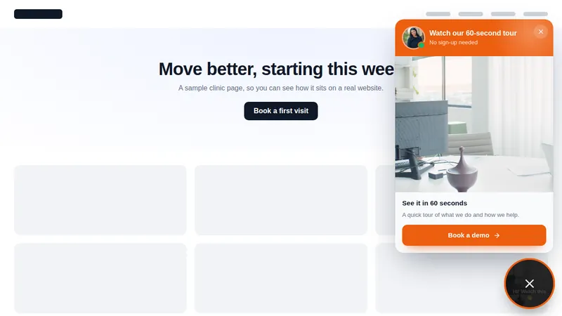 Video bubble widget opened on a clinic website: a short tour video with a Book a demo button