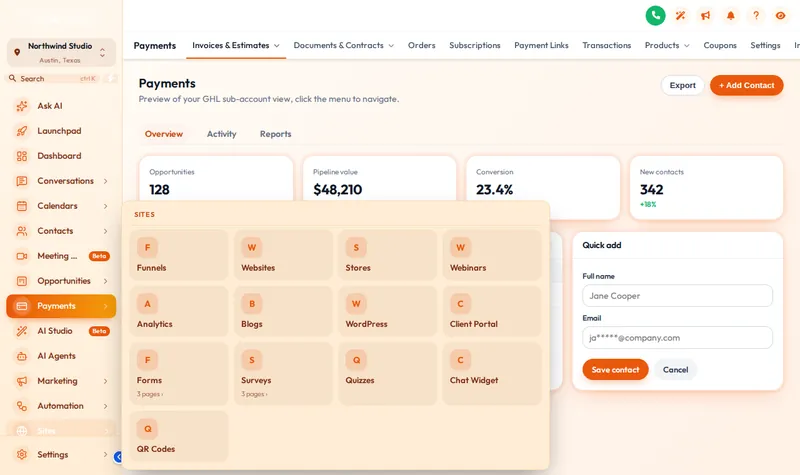 GoHighLevel sidebar with a Tiles mega menu open on Sites: funnels, websites, forms and more as icon cards