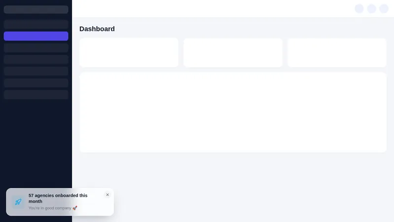 A counter notification inside a GoHighLevel style dashboard reading 57 agencies onboarded this month