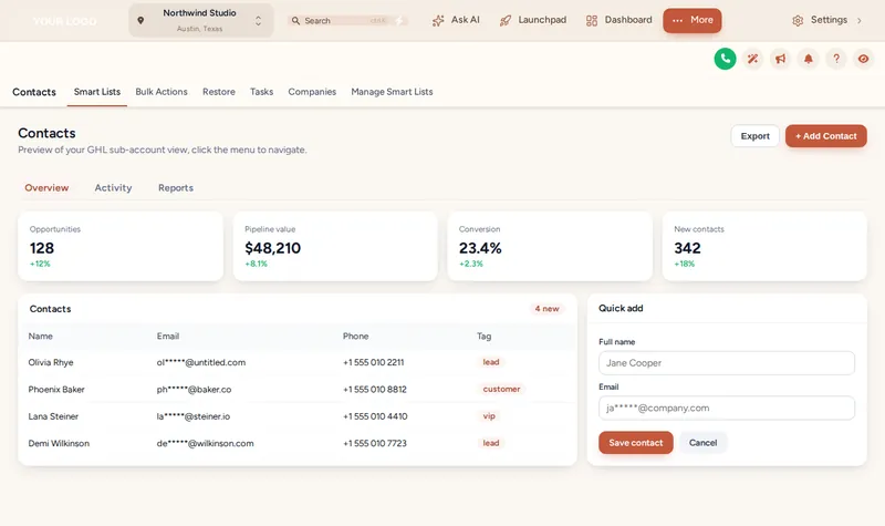 GoHighLevel contacts page restyled with the Desert Sand theme and Soft Shadow UI kit: beige top bar, terracotta buttons